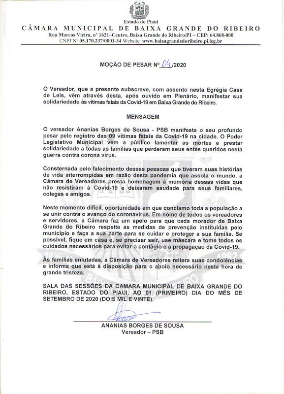 Vereadores aprovam Moção de Pesar pelas vítimas da COVID-19 em Baixa Grande do Ribeiro